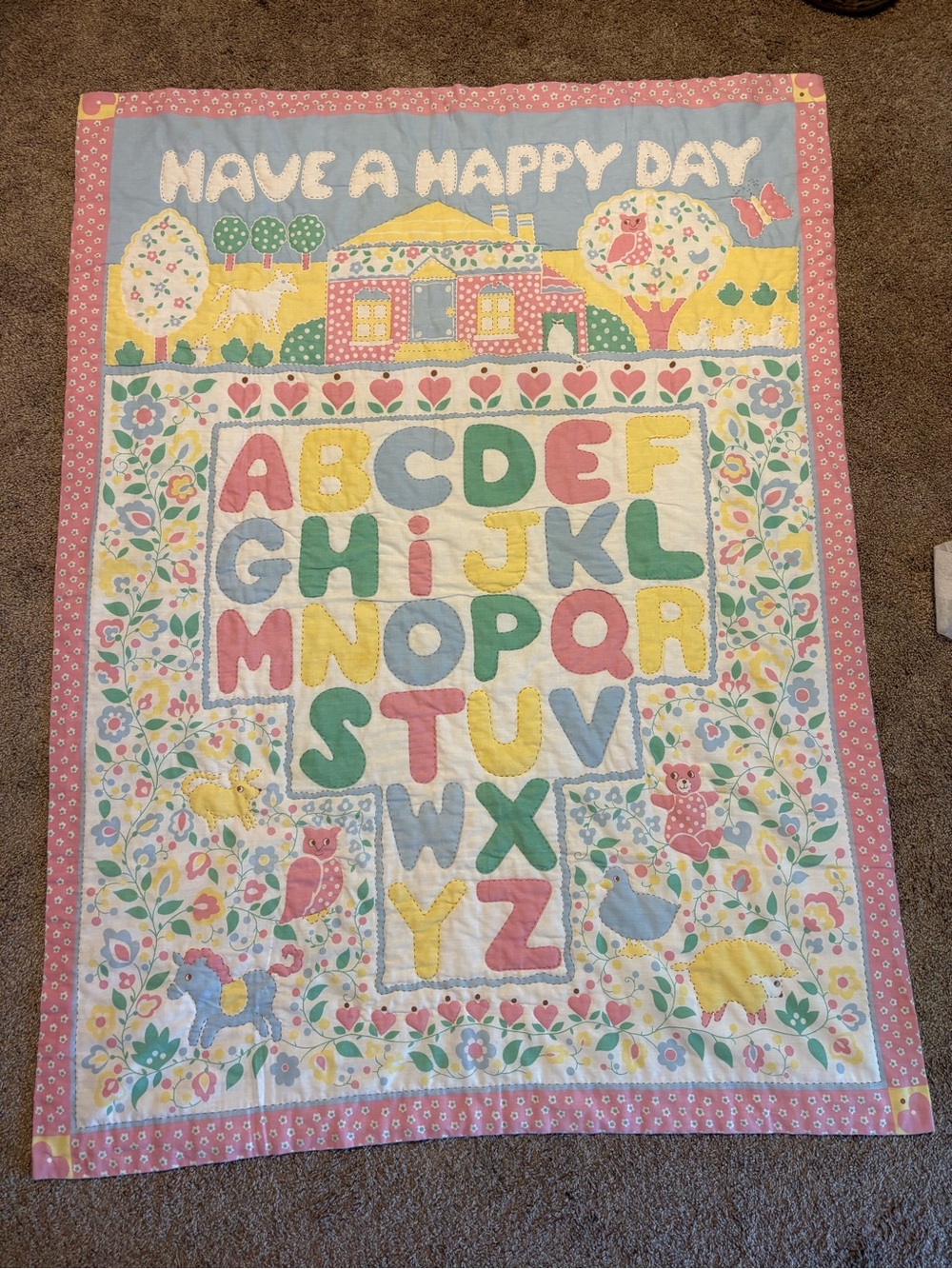Have a Happy Day Pastel Alphabet Kids Quilt - Pink, Yellow, Blue